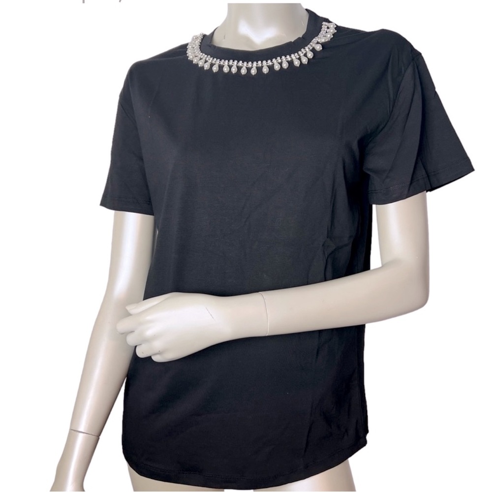 NWT Over Apparel brand Black top Pearls Rhinestones embellishment on collar
Top